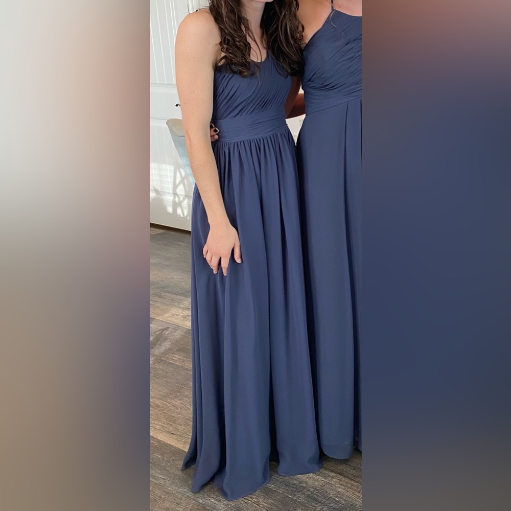 One shoulder Azazie bridesmaid dress. Color: Stormy.